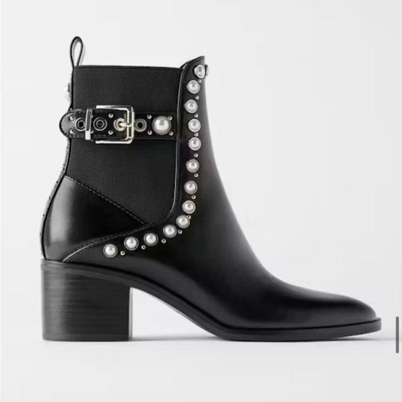 Zara pearl and stud mid-heel ankle boots - Picture 1 of 12